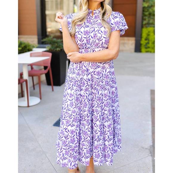 Victoria Dunn MagnolIa Flutter SL Floral Sleeveless Tie Waist Tiered Cotton Dress White/blue/orange
